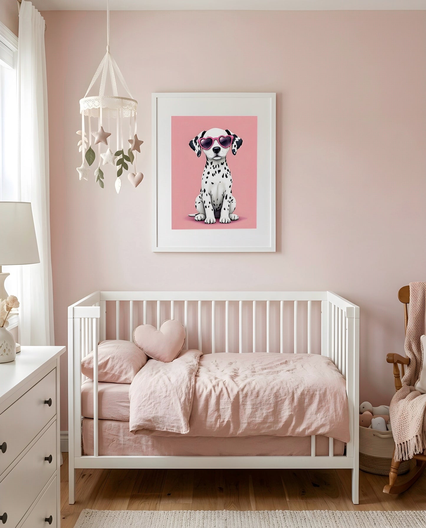 Nursery Dalmatian Puppy Retro Flat Illustration Printable Wall Art — framed above a crib in a softly lit nursery