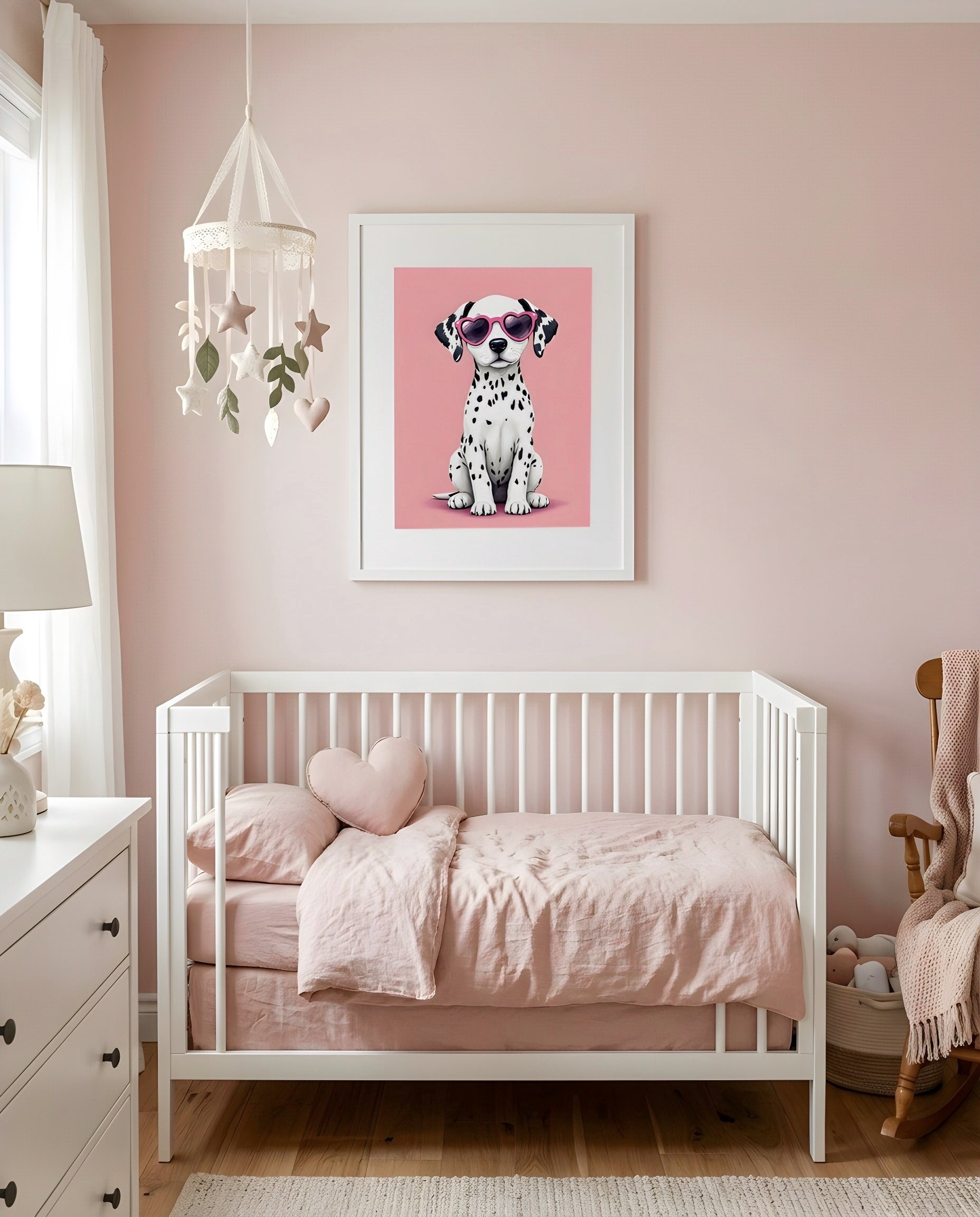 Nursery Dalmatian Puppy Retro Flat Illustration Printable Wall Art — framed above a crib in a softly lit nursery