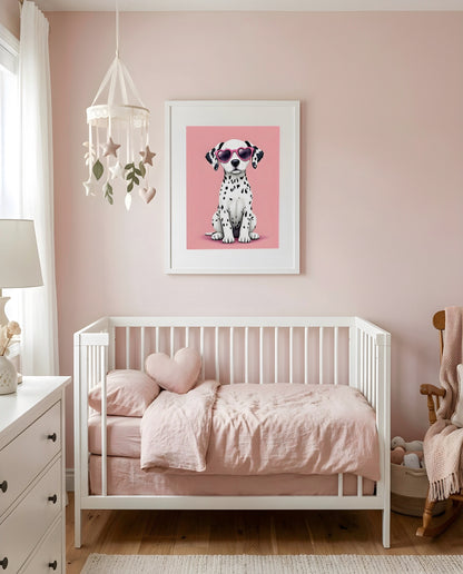 Nursery Dalmatian Puppy Retro Flat Illustration Printable Wall Art — framed above a crib in a softly lit nursery