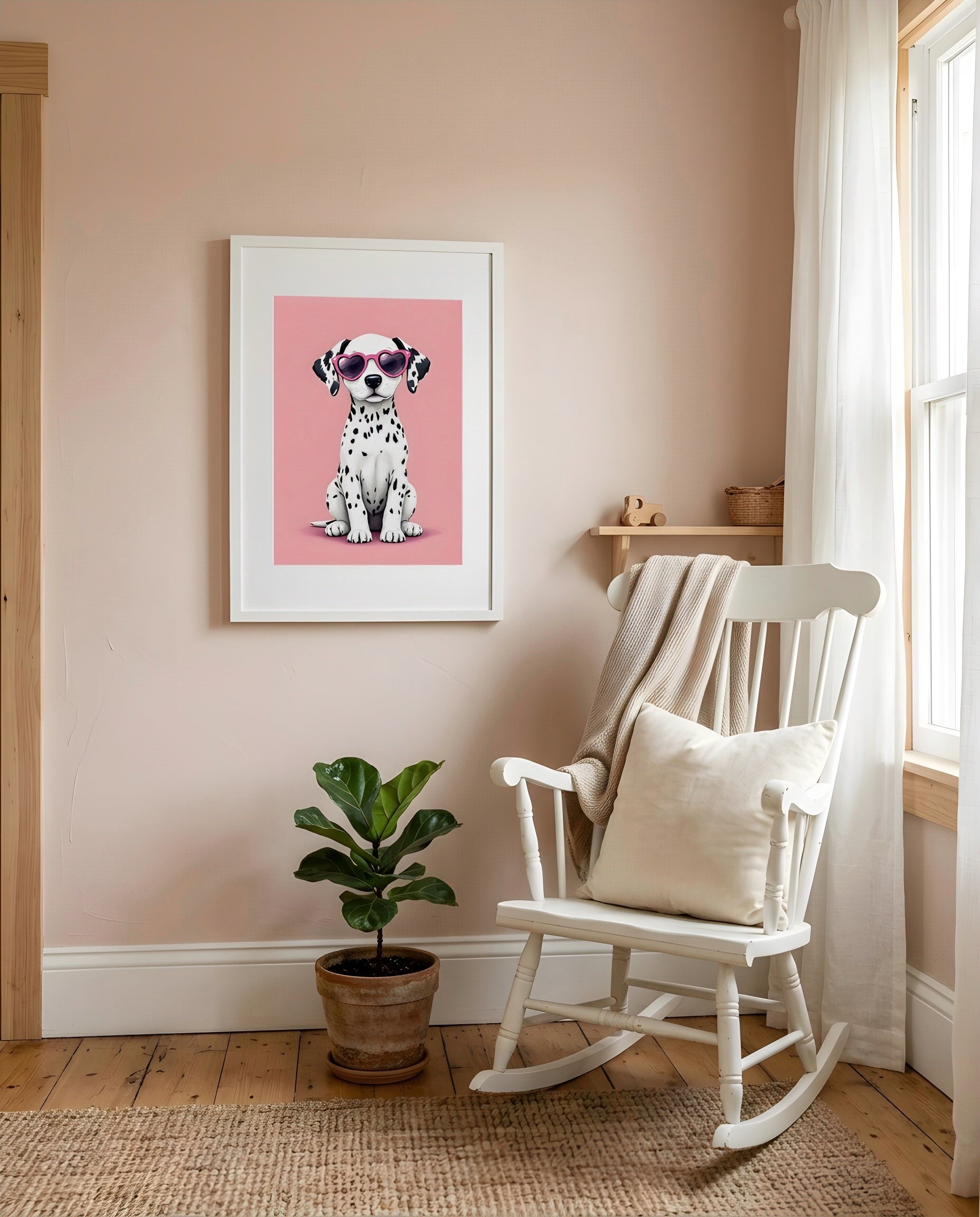 Nursery Dalmatian Puppy Retro Flat Illustration Printable Wall Art — displayed in a styled room corner