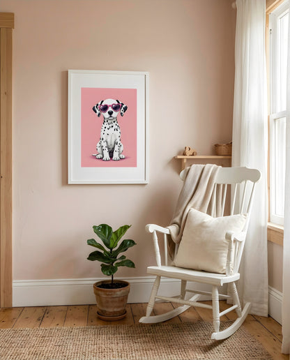 Nursery Dalmatian Puppy Retro Flat Illustration Printable Wall Art — displayed in a styled room corner
