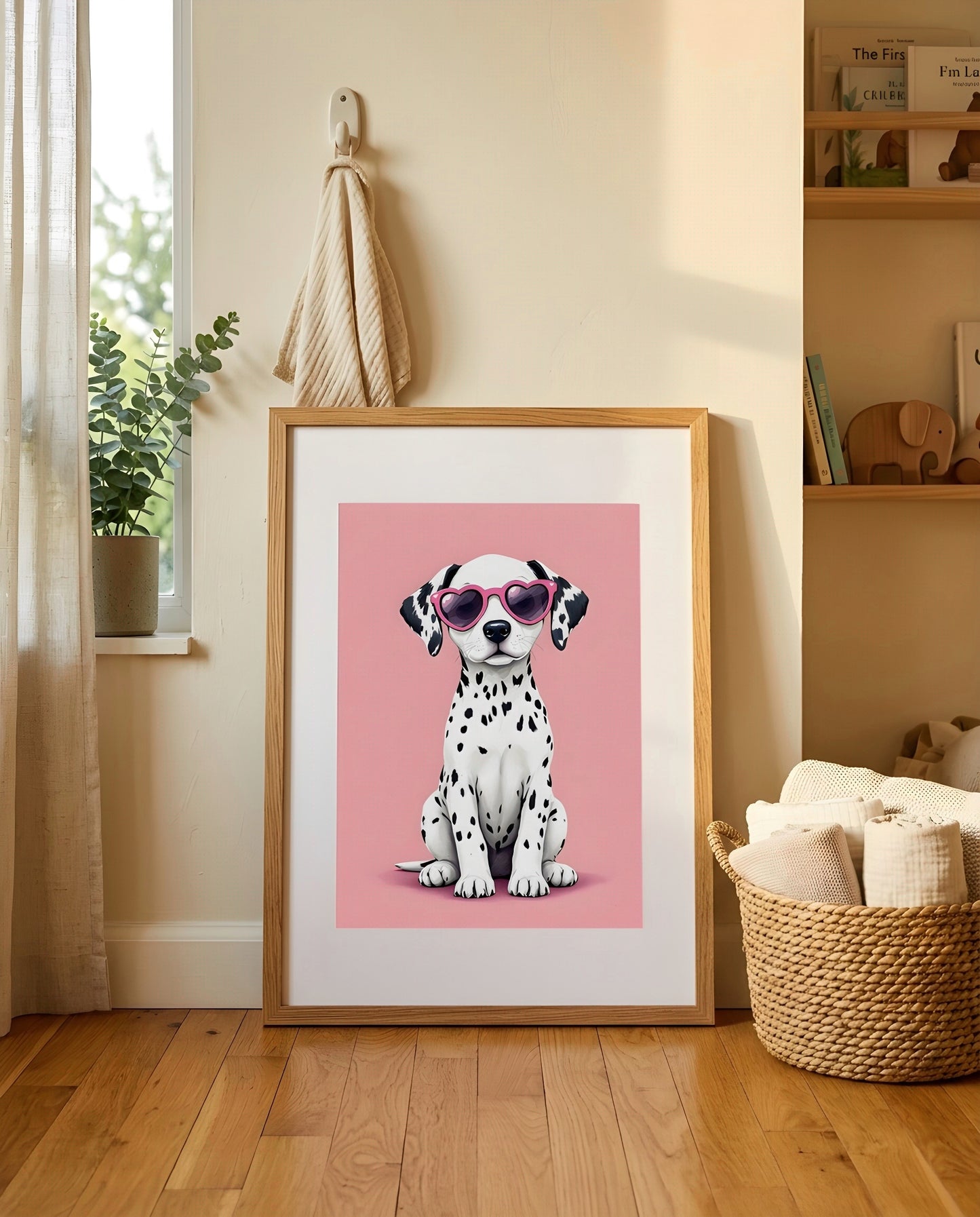 Nursery Dalmatian Puppy Retro Flat Illustration Printable Wall Art — leaning against a light wall in a styled setting