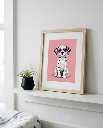 Nursery Dalmatian Puppy Retro Flat Illustration Printable Wall Art — propped on a shelf with decor