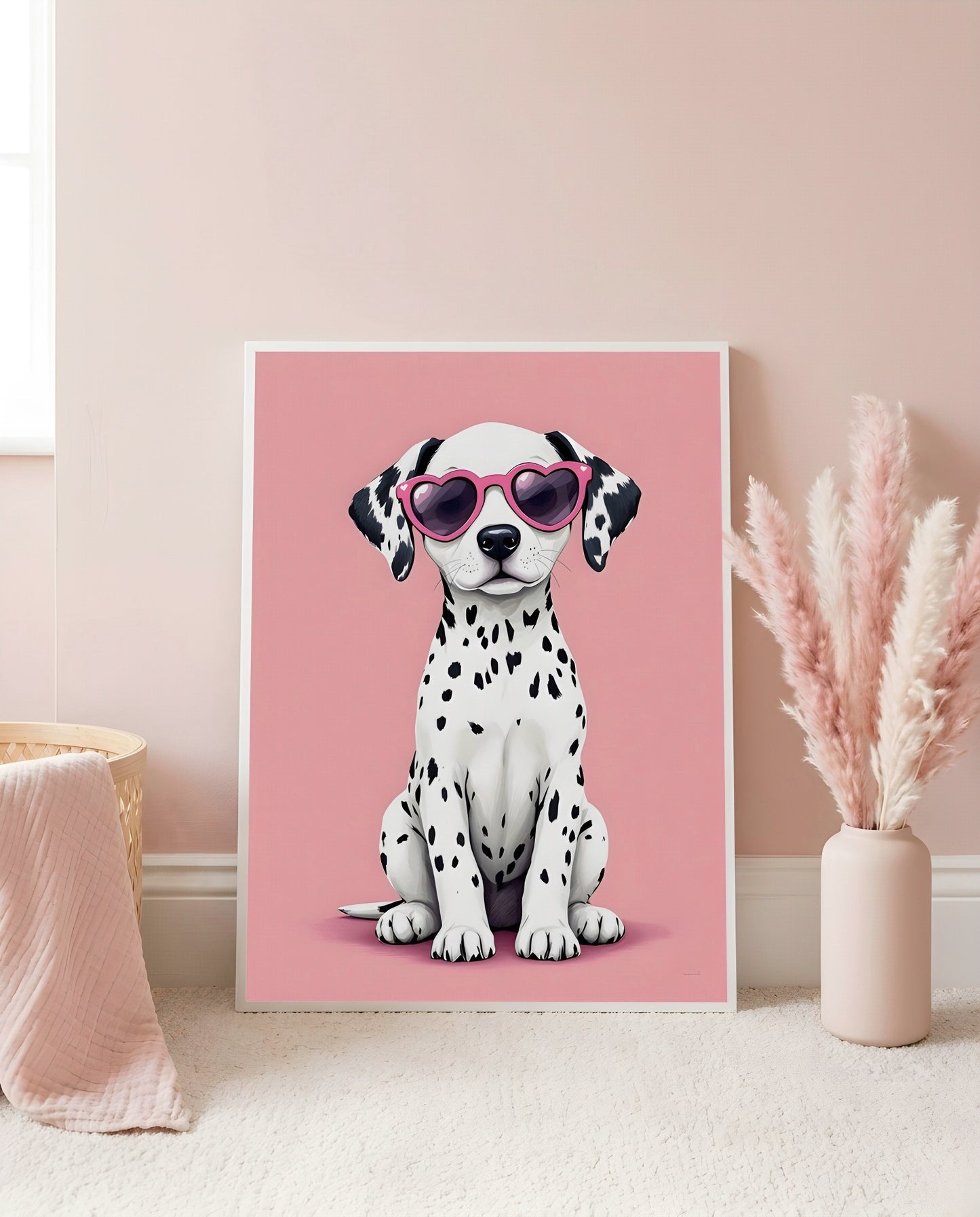 Nursery Dalmatian Puppy Retro Flat Illustration Printable Wall Art — leaning against a light wall in a styled setting