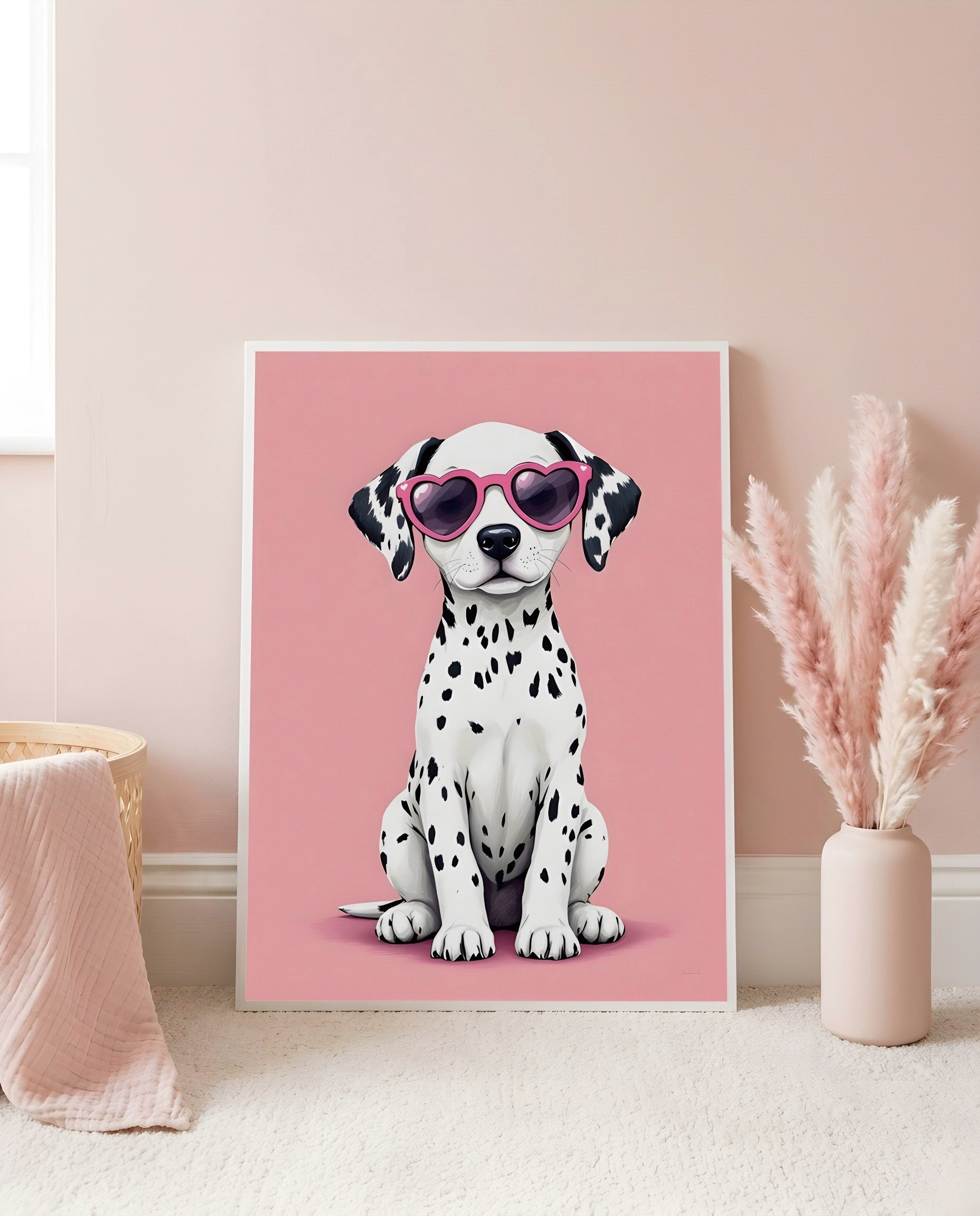 Nursery Dalmatian Puppy Retro Flat Illustration Printable Wall Art — leaning against a light wall in a styled setting