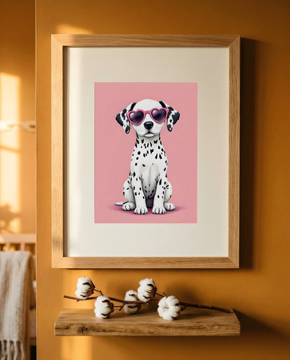 Nursery Dalmatian Puppy Retro Flat Illustration Printable Wall Art — close-up on a shelf alongside small ornaments