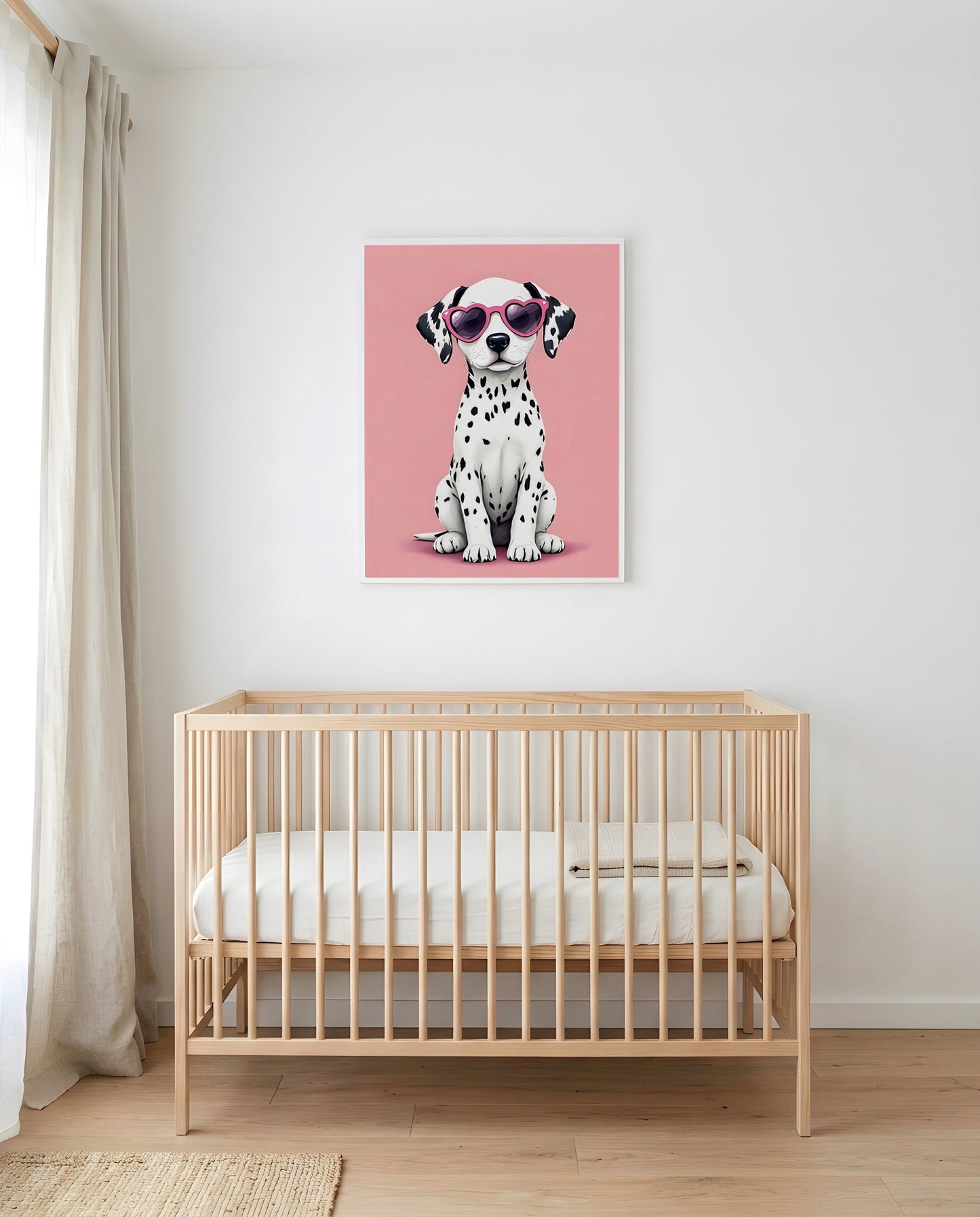 Nursery Dalmatian Puppy Retro Flat Illustration Printable Wall Art — framed above a crib in a softly lit nursery