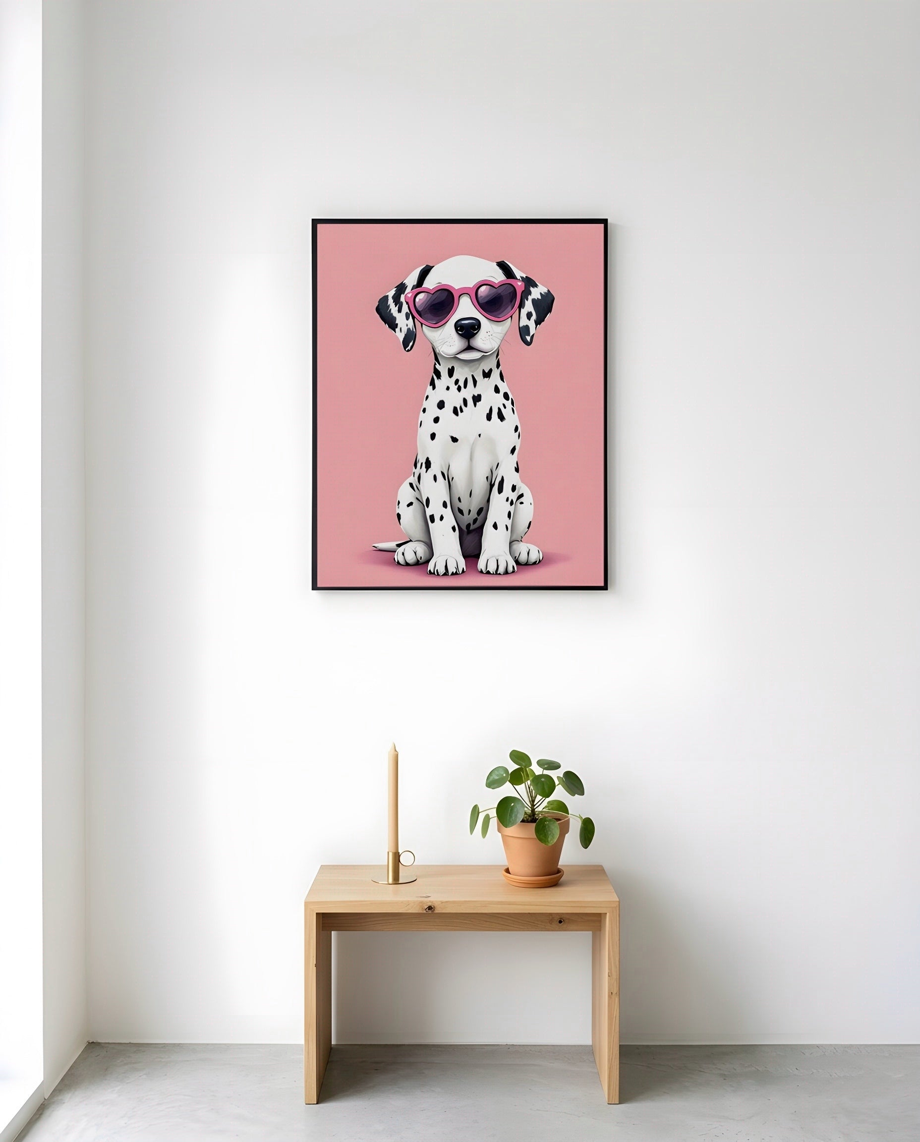 Nursery Dalmatian Puppy Retro Flat Illustration Printable Wall Art — displayed in a styled room corner