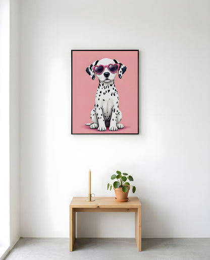 Nursery Dalmatian Puppy Retro Flat Illustration Printable Wall Art — displayed in a styled room corner