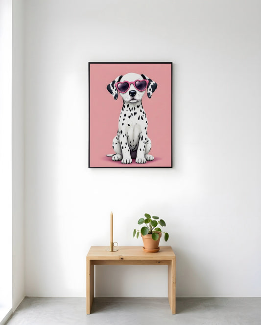 Nursery Dalmatian Puppy Retro Flat Illustration Printable Wall Art — displayed in a styled room corner