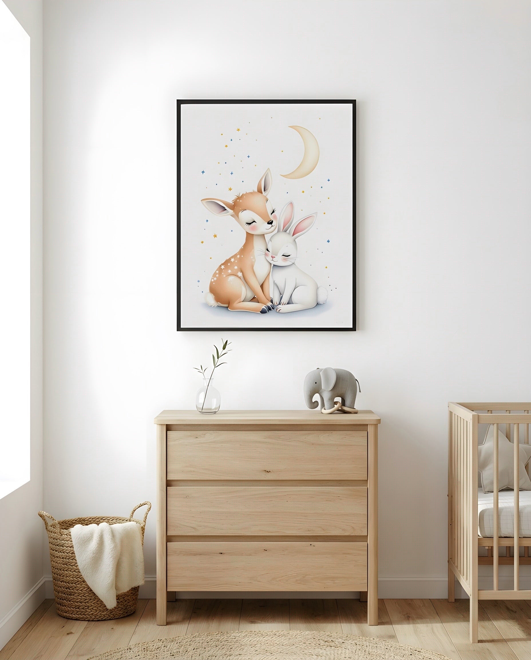 Nursery Deer Bunny Moon Soft Watercolor Printable Wall Art — framed in white on a neutral wall