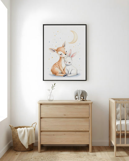 Nursery Deer Bunny Moon Soft Watercolor Printable Wall Art — framed in white on a neutral wall