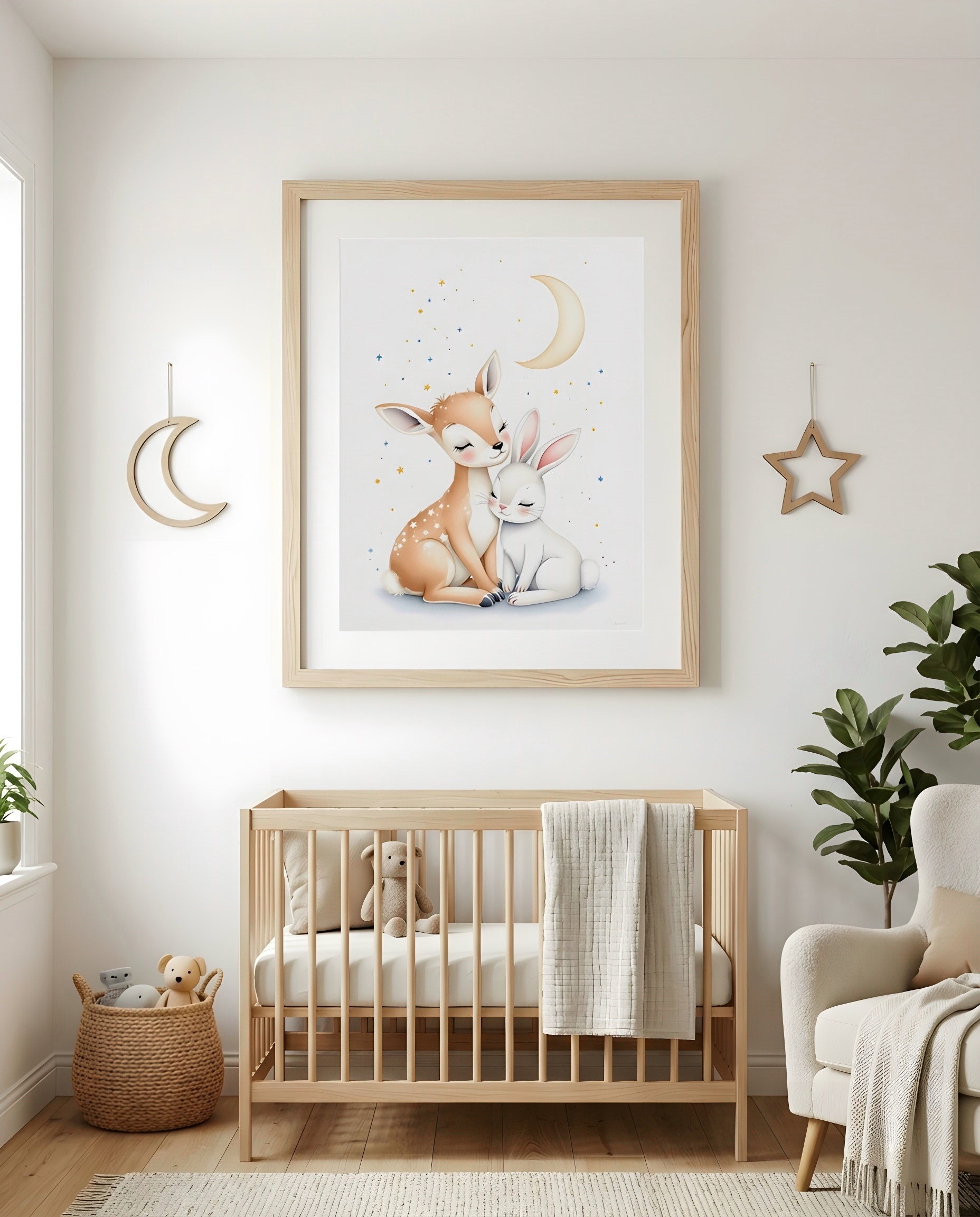 Nursery Deer Bunny Moon Soft Watercolor Printable Wall Art — as part of a gallery wall arrangement
