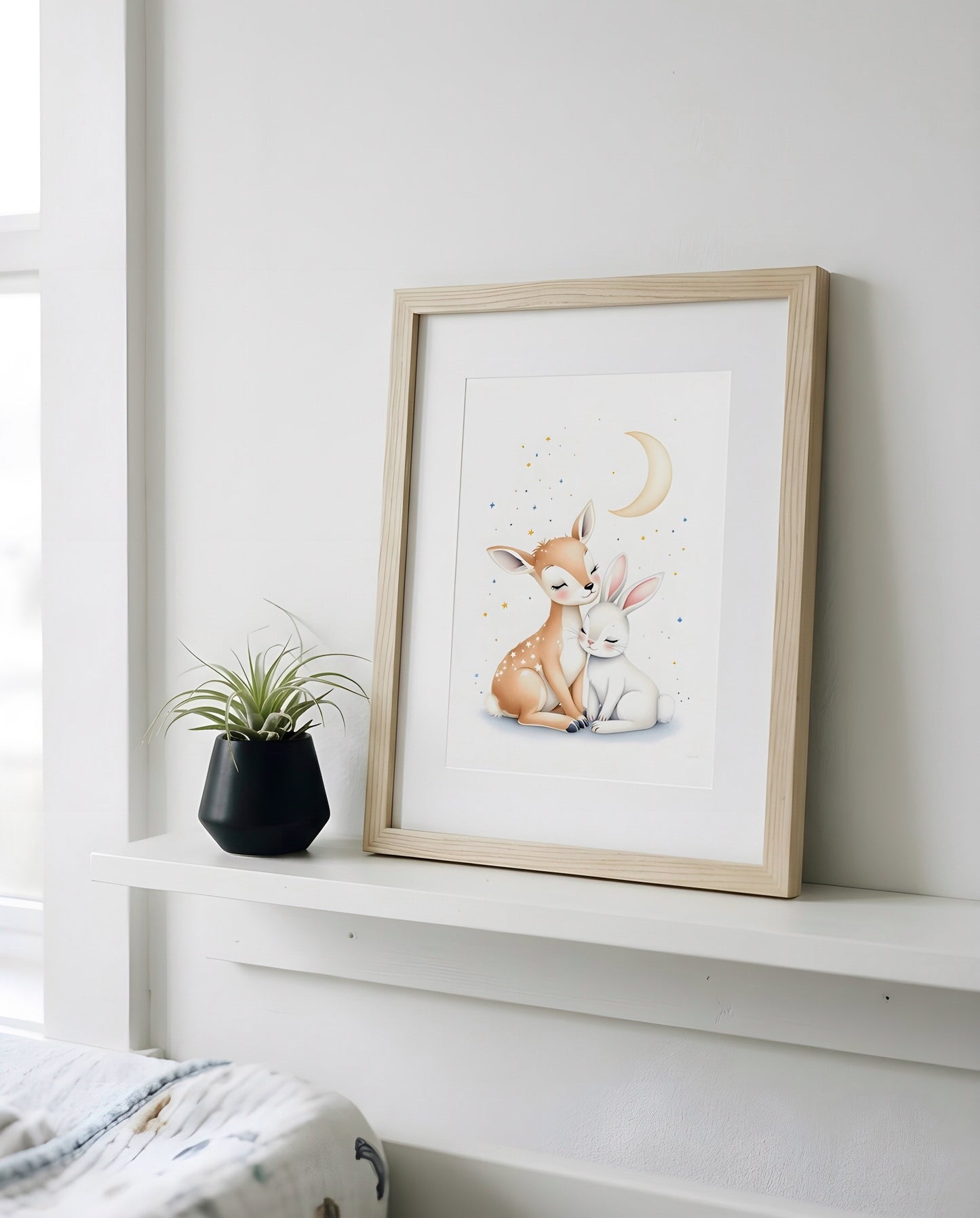 Nursery Deer Bunny Moon Soft Watercolor Printable Wall Art — propped on a shelf with decor