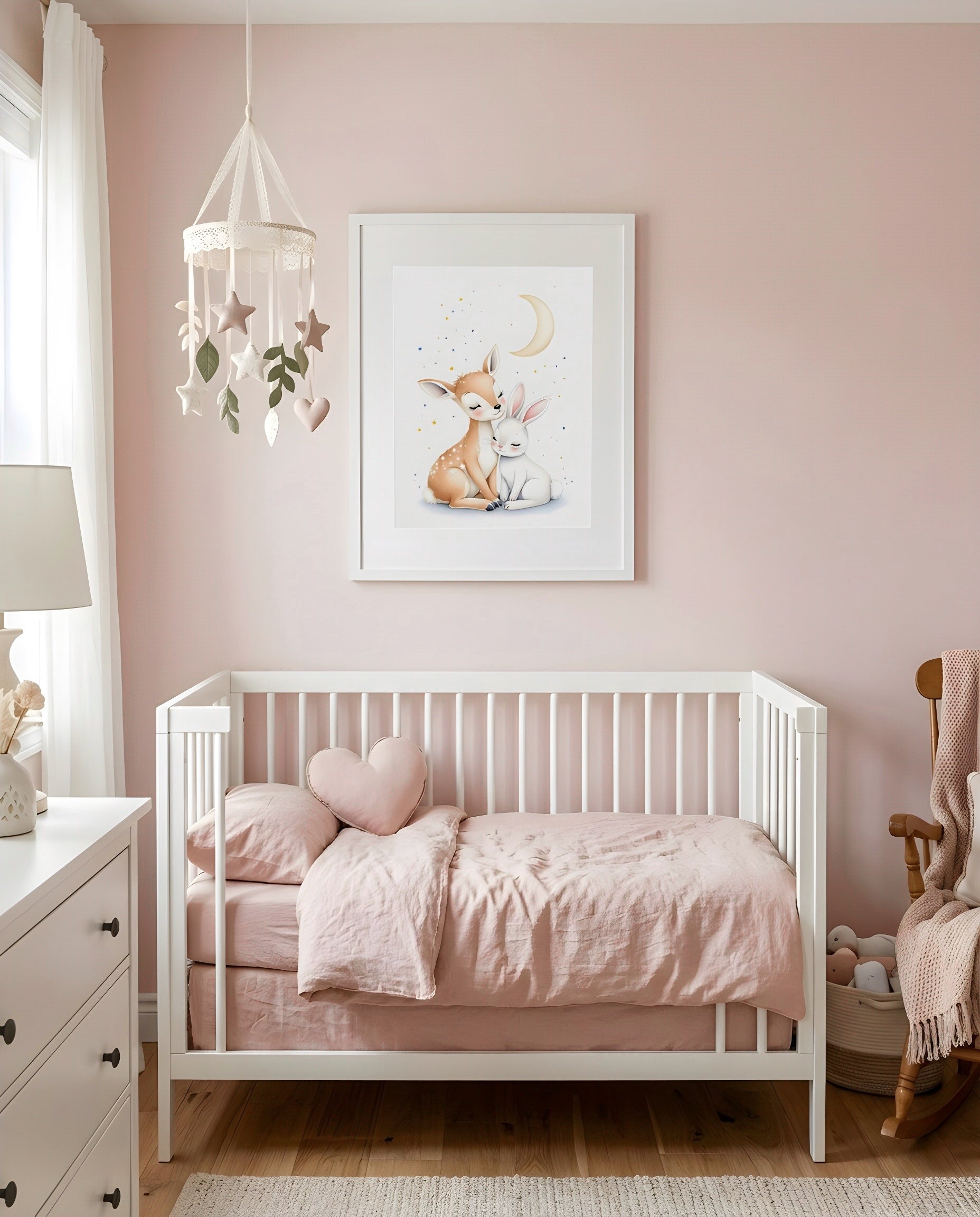 Nursery Deer Bunny Moon Soft Watercolor Printable Wall Art — framed above a crib in a softly lit nursery