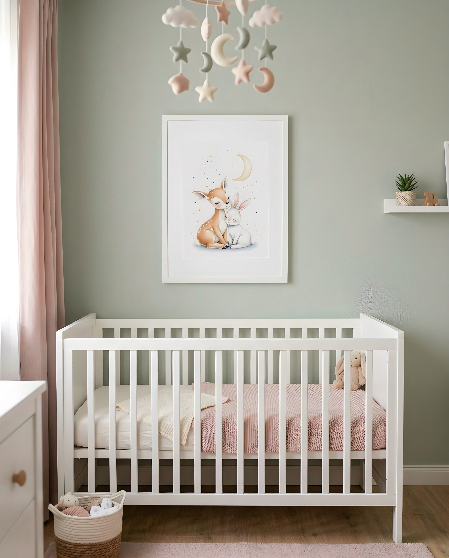 Nursery Deer Bunny Moon Soft Watercolor Printable Wall Art — framed above a crib in a softly lit nursery