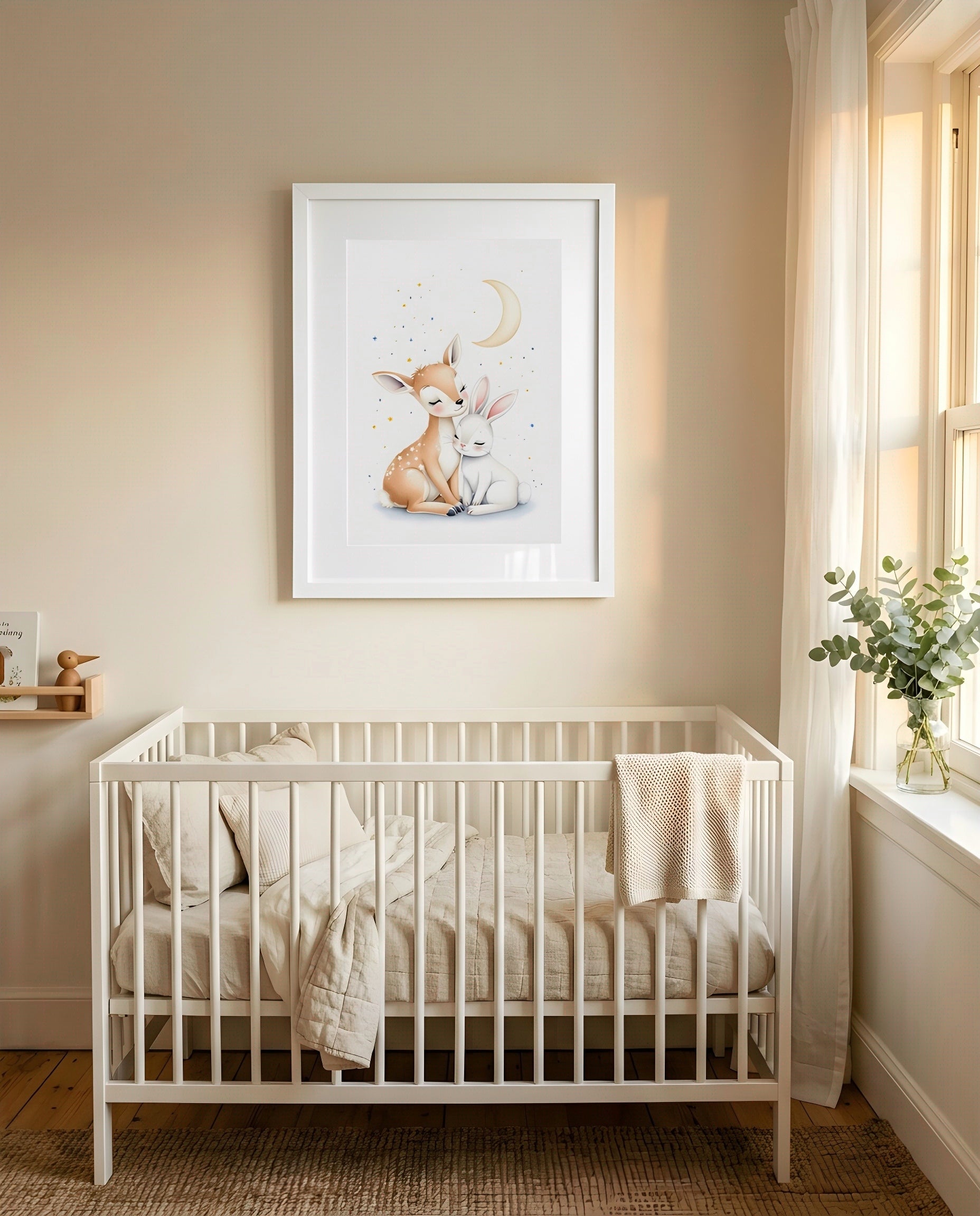 Nursery Deer Bunny Moon Soft Watercolor Printable Wall Art — framed above a crib in a softly lit nursery