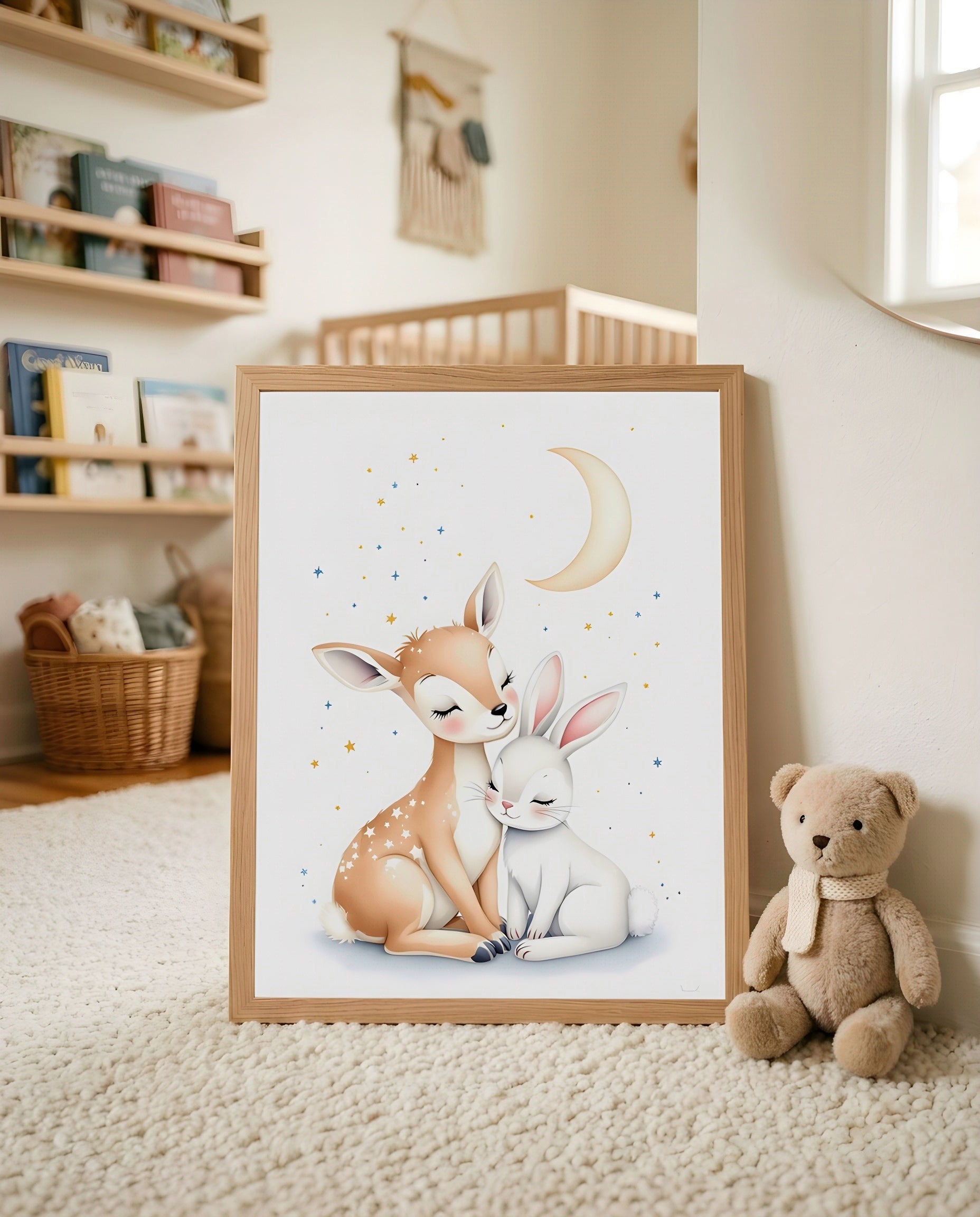 Nursery Deer Bunny Moon Soft Watercolor Printable Wall Art — leaning against a wall in a minimal clean setting