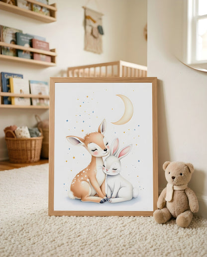 Nursery Deer Bunny Moon Soft Watercolor Printable Wall Art — leaning against a wall in a minimal clean setting