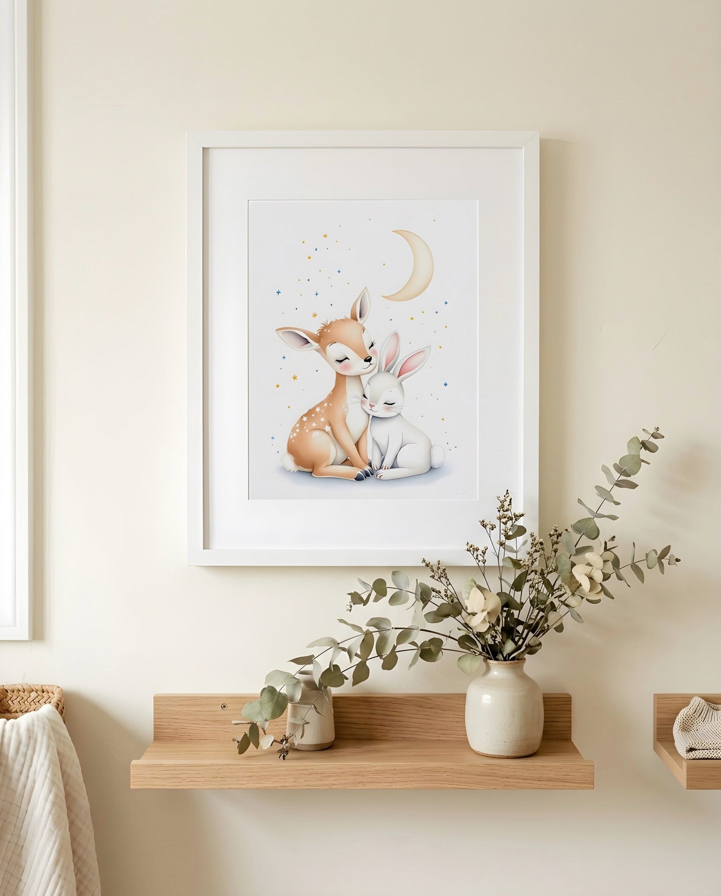 Nursery Deer Bunny Moon Soft Watercolor Printable Wall Art — close-up on a shelf alongside small ornaments