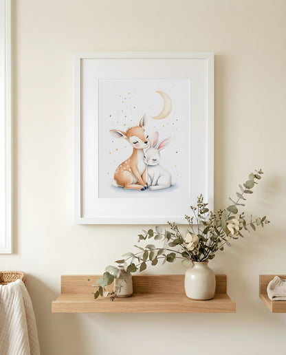 Nursery Deer Bunny Moon Soft Watercolor Printable Wall Art — close-up on a shelf alongside small ornaments