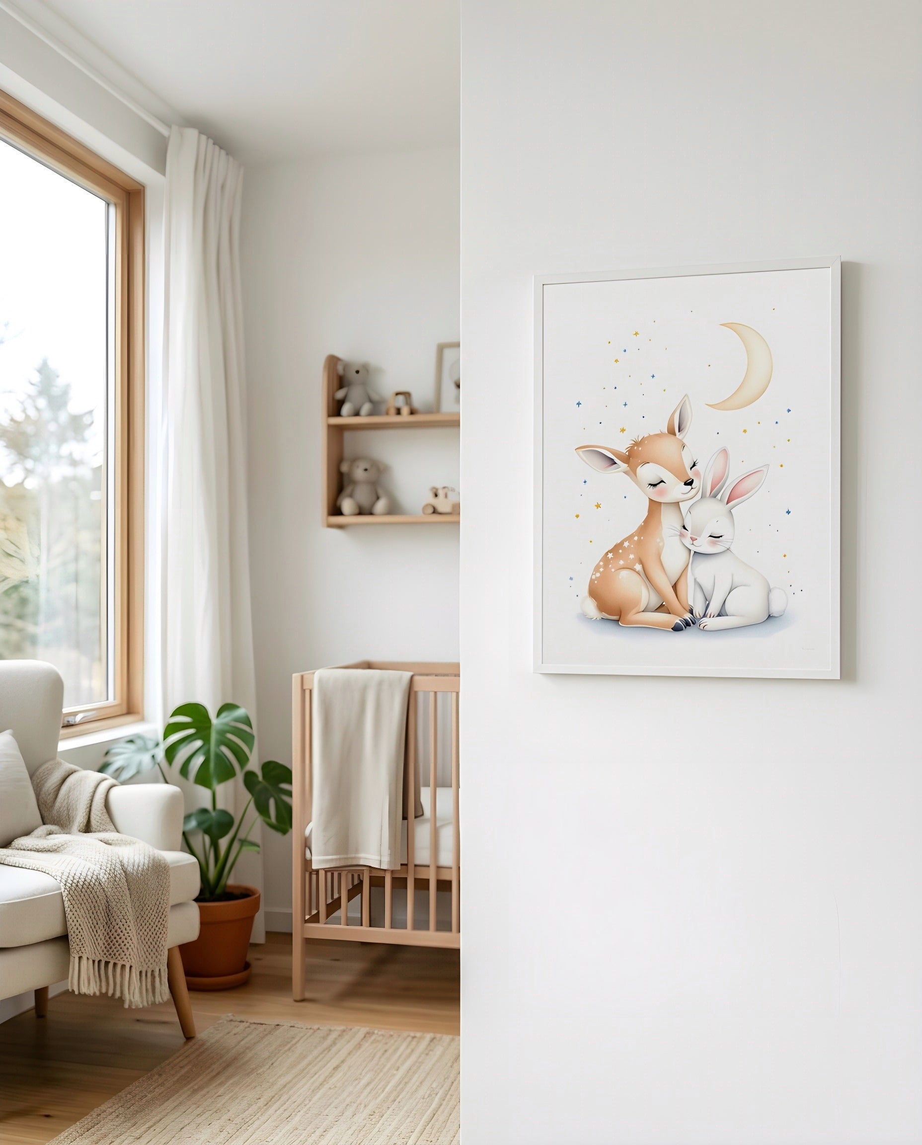 Nursery Deer Bunny Moon Soft Watercolor Printable Wall Art — displayed beside a window in warm natural light