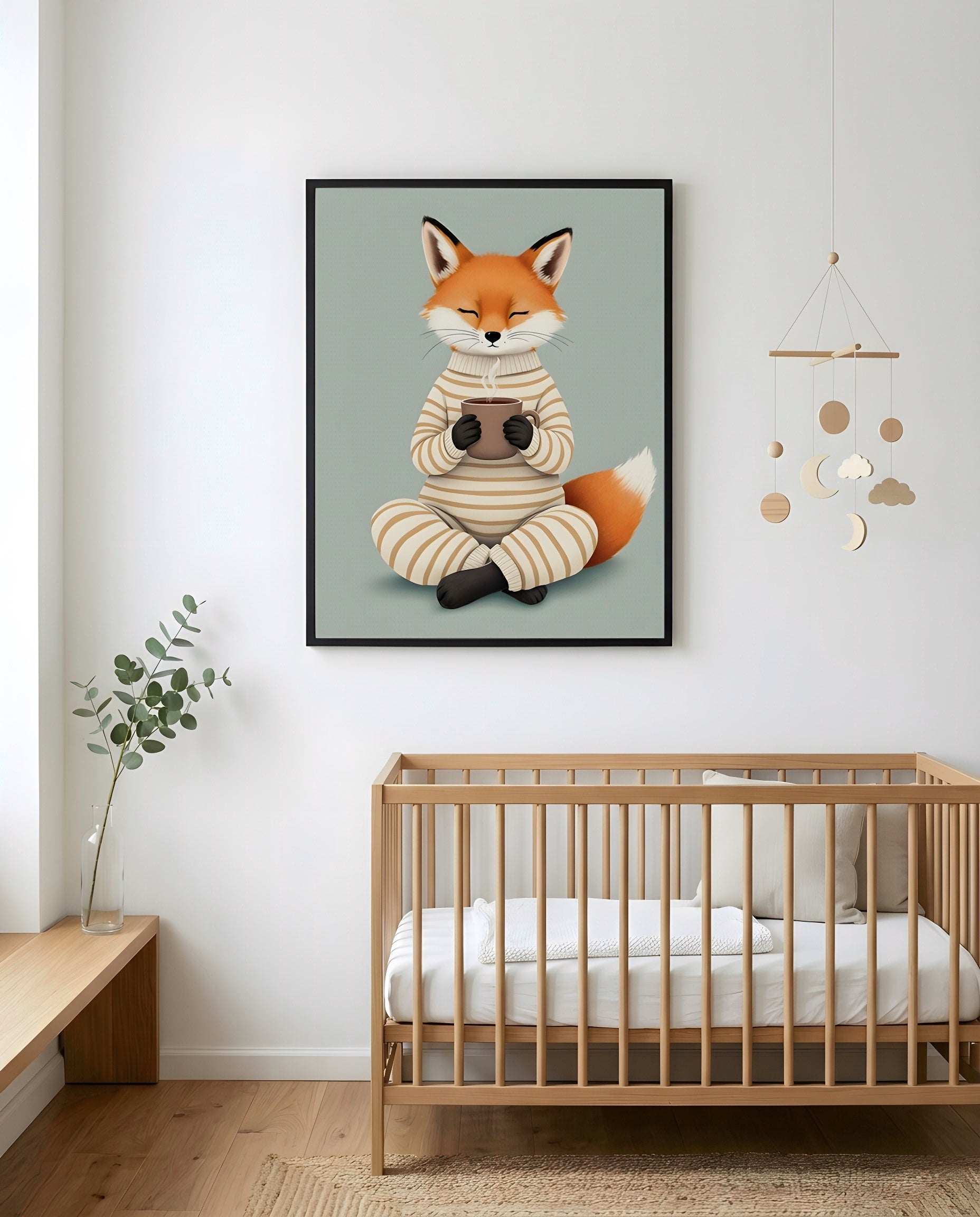 Nursery Fox Cub Hot Chocolate Retro Flat Design Printable Wall Art — framed in white on a neutral wall