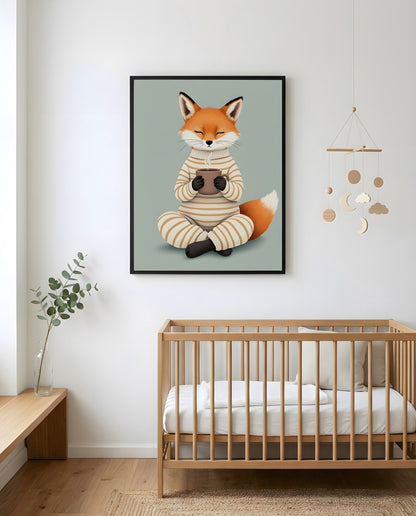 Nursery Fox Cub Hot Chocolate Retro Flat Design Printable Wall Art — framed in white on a neutral wall