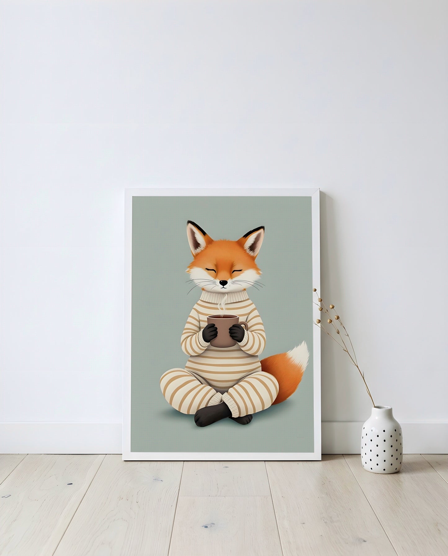Nursery Fox Cub Hot Chocolate Retro Flat Design Printable Wall Art — displayed in a styled home setting