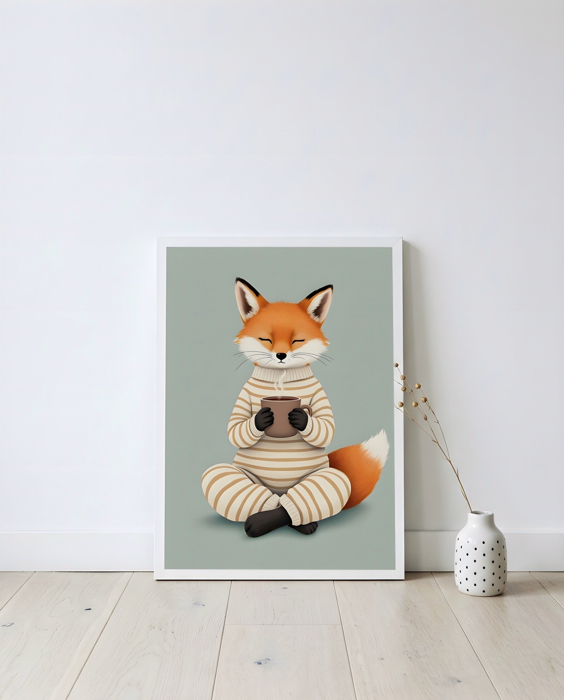 Nursery Fox Cub Hot Chocolate Retro Flat Design Printable Wall Art — displayed in a styled home setting
