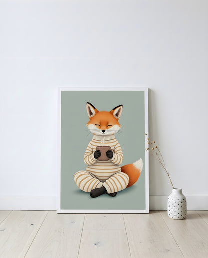 Nursery Fox Cub Hot Chocolate Retro Flat Design Printable Wall Art — displayed in a styled home setting