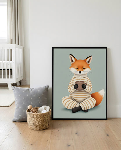 Nursery Fox Cub Hot Chocolate Retro Flat Design Printable Wall Art — displayed in a styled home setting