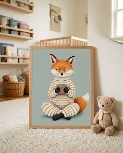 Nursery Fox Cub Hot Chocolate Retro Flat Design Printable Wall Art — leaning against a wall in a minimal clean setting