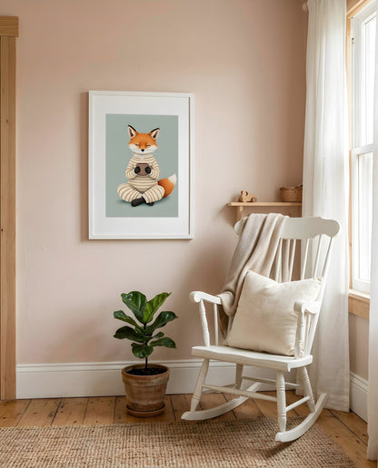 Nursery Fox Cub Hot Chocolate Retro Flat Design Printable Wall Art — displayed in a styled room corner