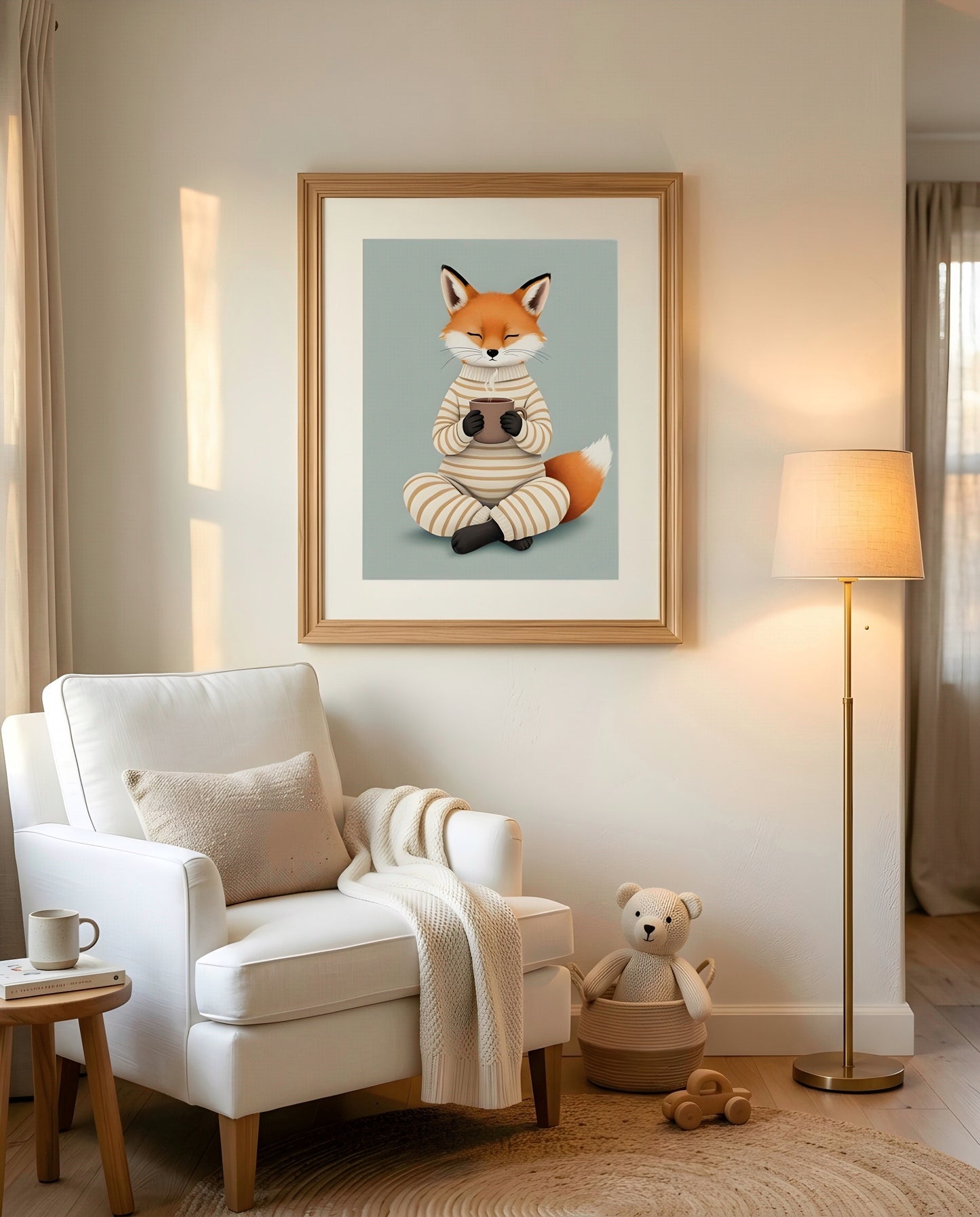 Nursery Fox Cub Hot Chocolate Retro Flat Design Printable Wall Art — displayed in a styled room corner