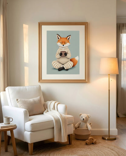 Nursery Fox Cub Hot Chocolate Retro Flat Design Printable Wall Art — displayed in a styled room corner