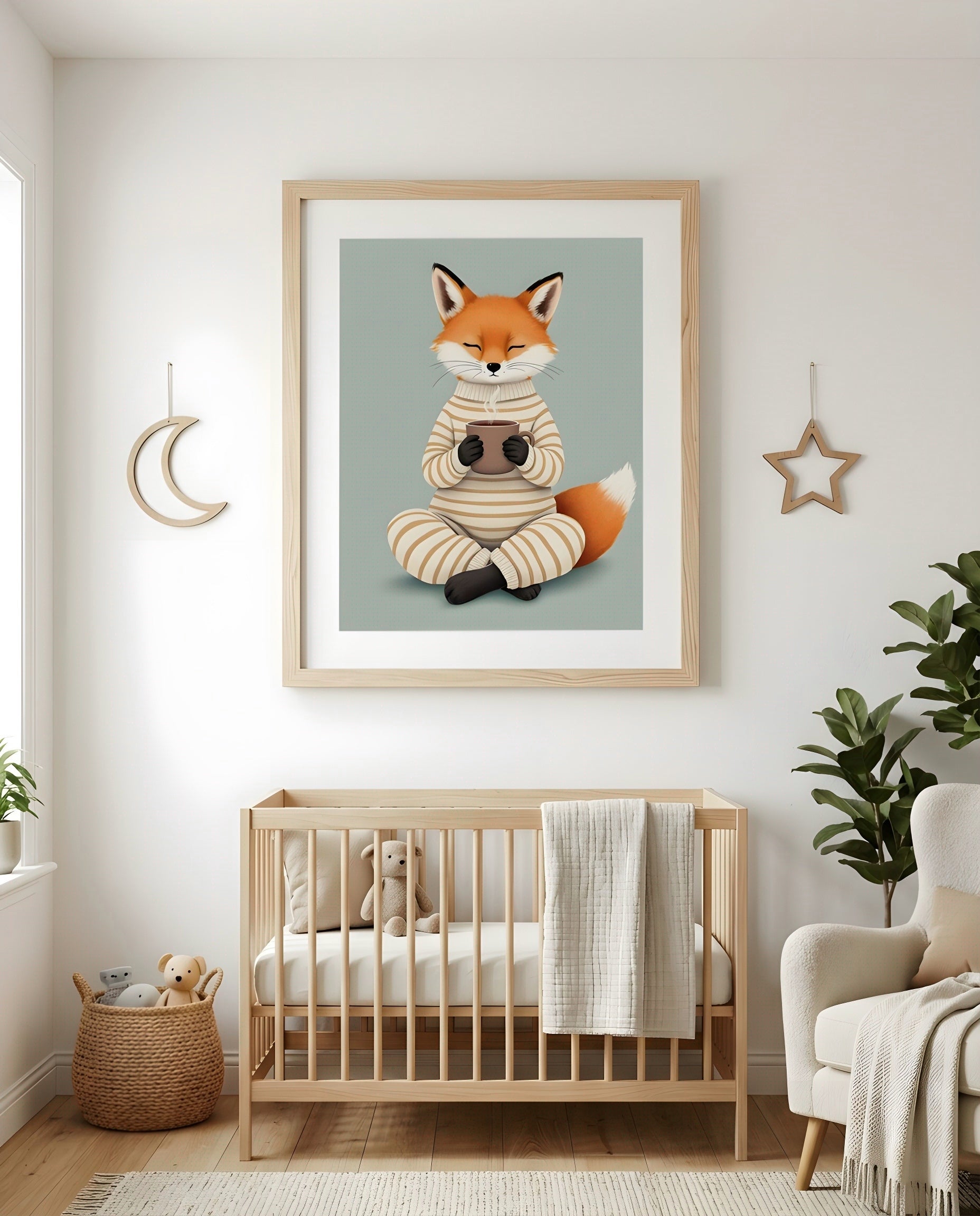 Nursery Fox Cub Hot Chocolate Retro Flat Design Printable Wall Art — as part of a gallery wall arrangement