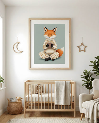 Nursery Fox Cub Hot Chocolate Retro Flat Design Printable Wall Art — as part of a gallery wall arrangement
