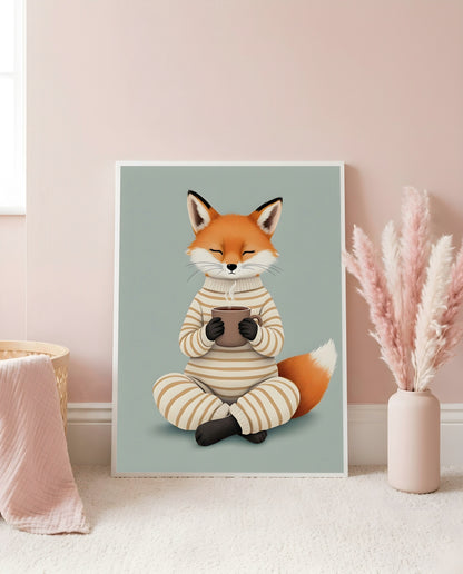 Nursery Fox Cub Hot Chocolate Retro Flat Design Printable Wall Art — leaning against a light wall in a styled setting
