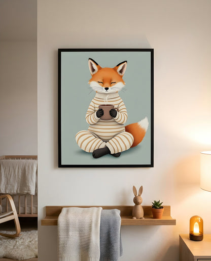 Nursery Fox Cub Hot Chocolate Retro Flat Design Printable Wall Art — displayed in a styled home setting