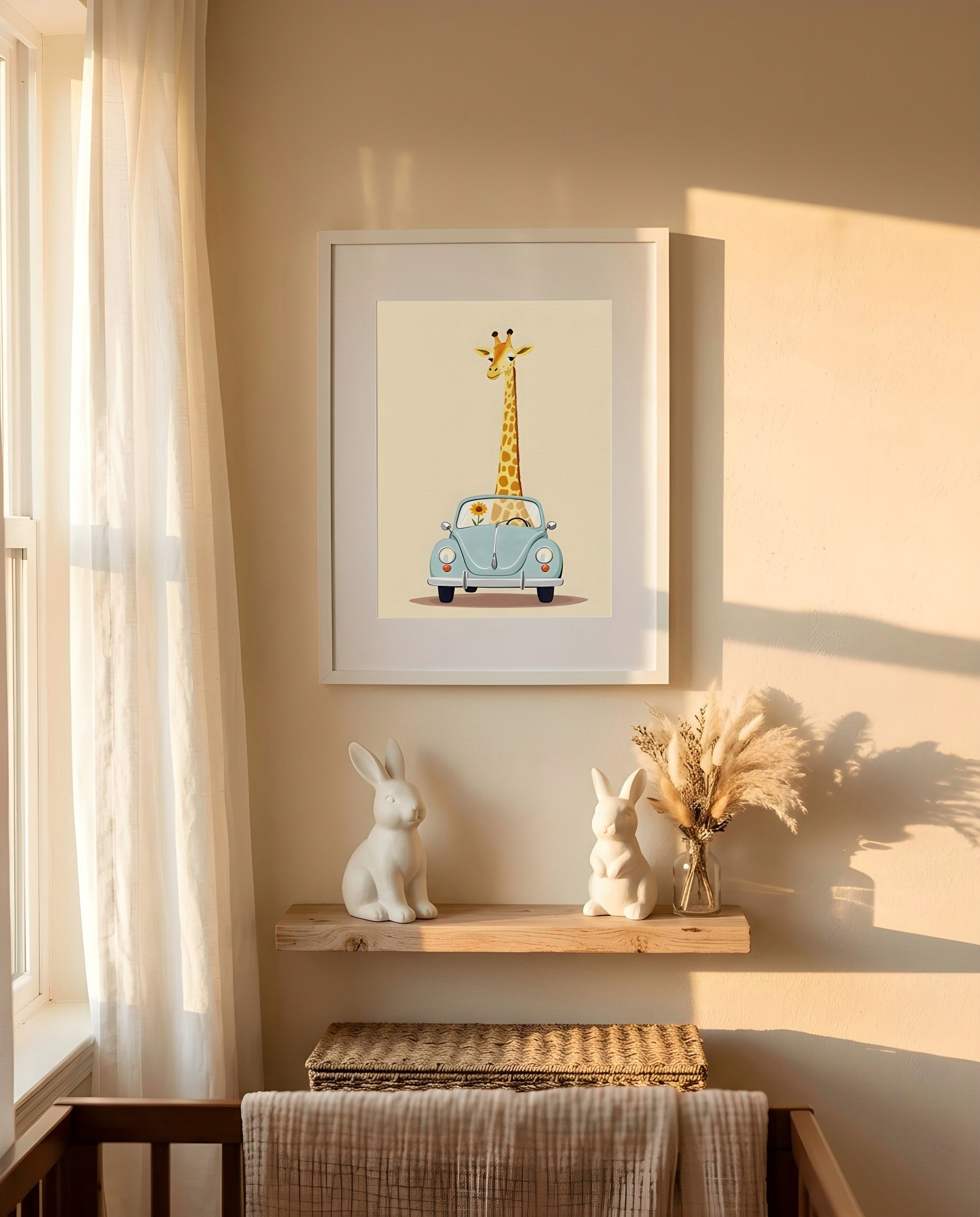 Nursery Giraffe Vintage Car Retro Illustration Printable Wall Art — framed in white on a neutral wall