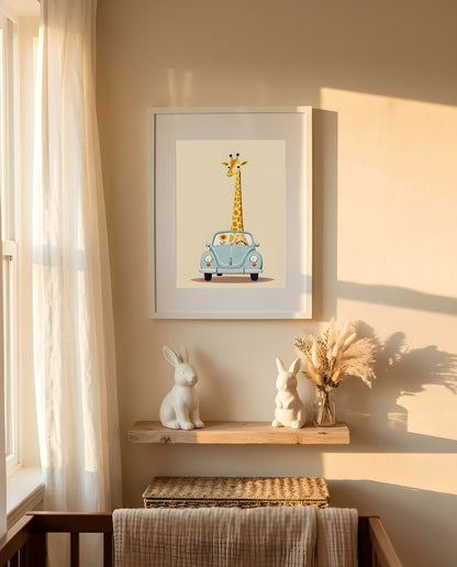 Nursery Giraffe Vintage Car Retro Illustration Printable Wall Art — framed in white on a neutral wall