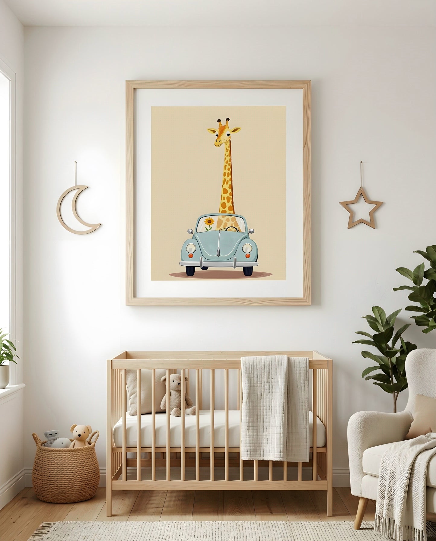 Nursery Giraffe Vintage Car Retro Illustration Printable Wall Art — as part of a gallery wall arrangement