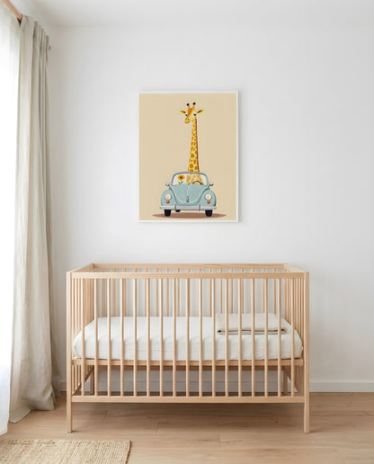 Nursery Giraffe Vintage Car Retro Illustration Printable Wall Art — framed above a crib in a softly lit nursery