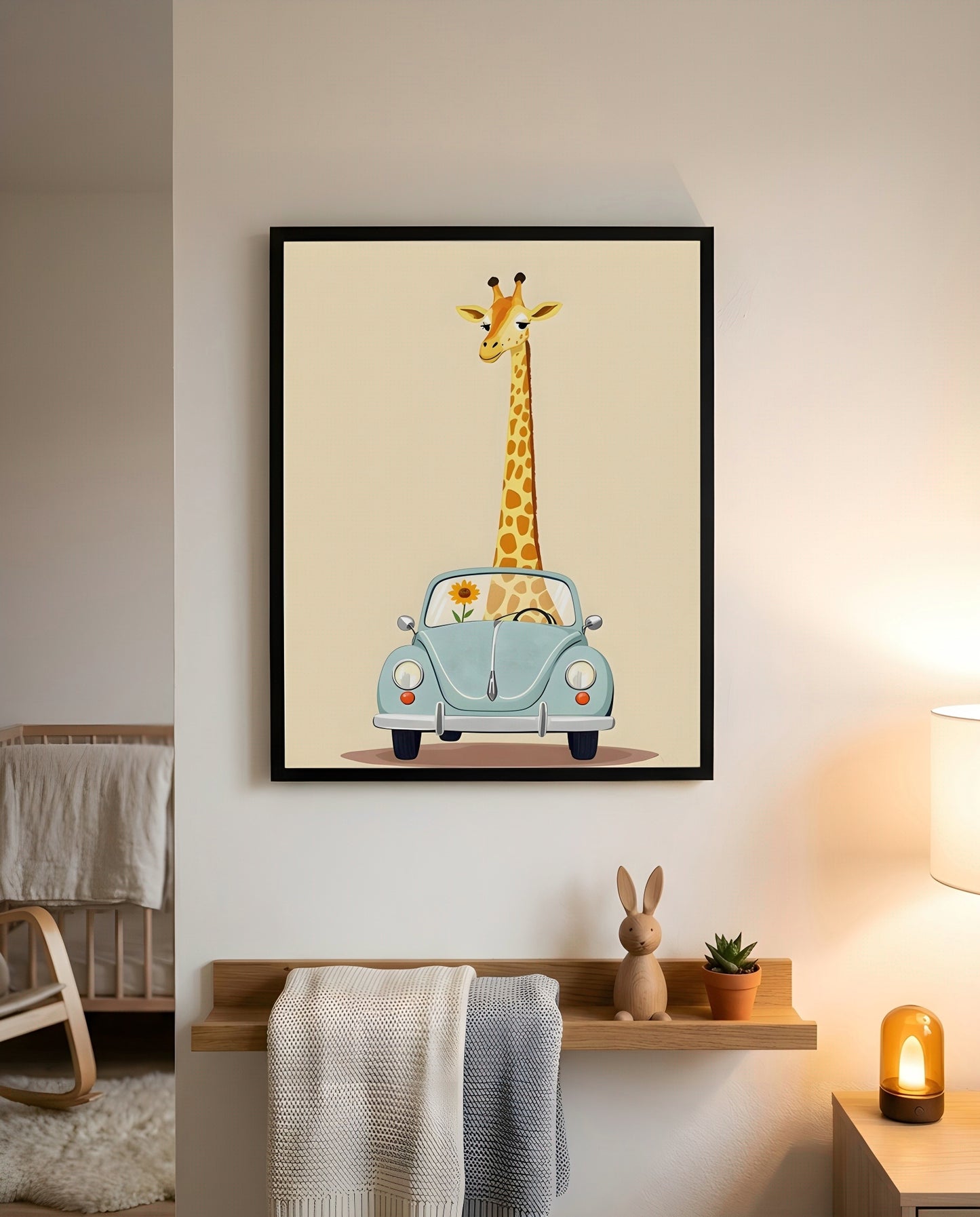 Nursery Giraffe Vintage Car Retro Illustration Printable Wall Art — displayed in a styled home setting