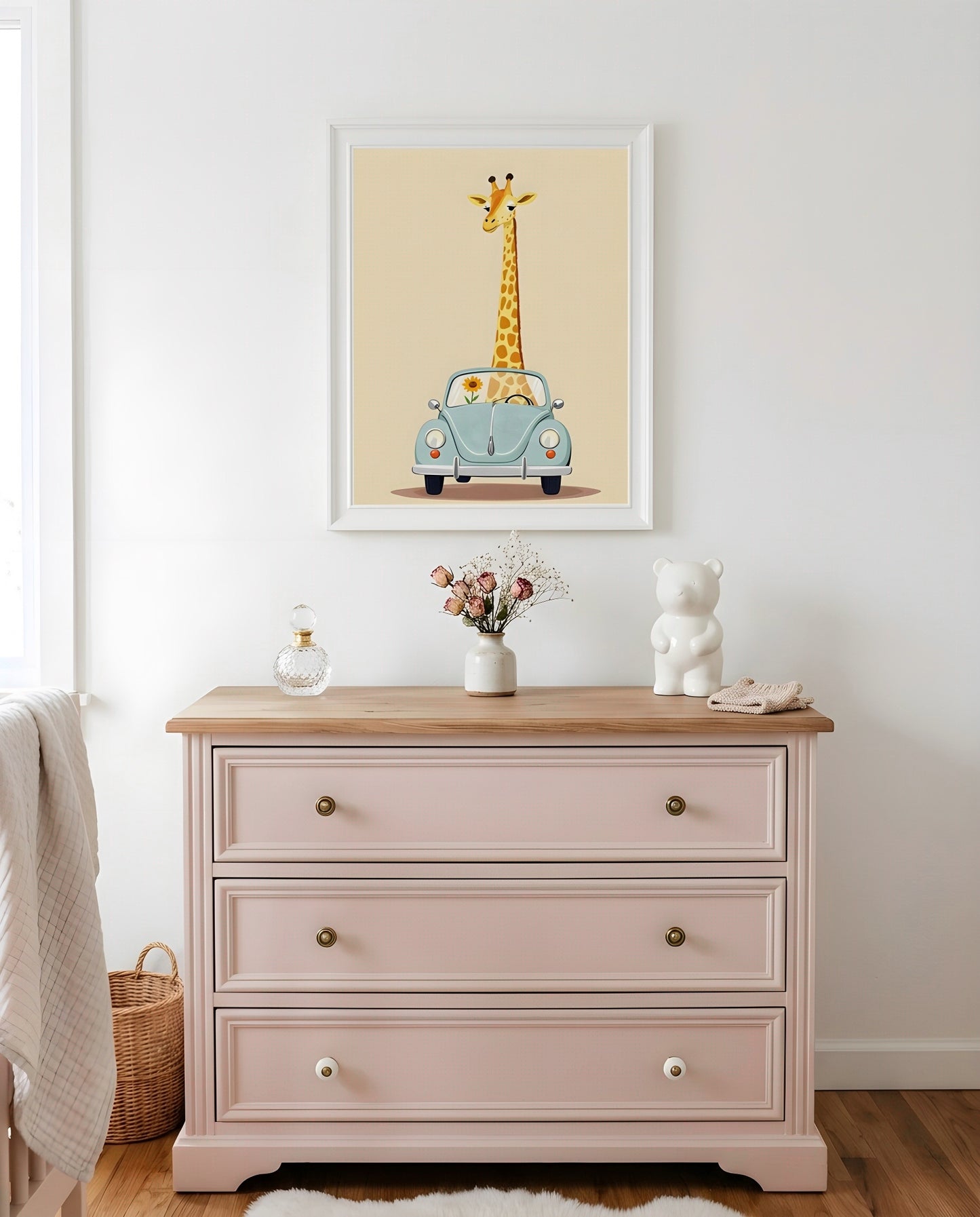 Nursery Giraffe Vintage Car Retro Illustration Printable Wall Art — hung above a dresser on a warm-toned wall