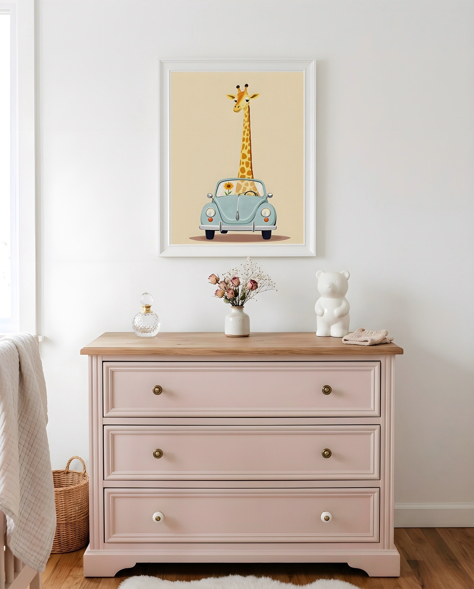 Nursery Giraffe Vintage Car Retro Illustration Printable Wall Art — hung above a dresser on a warm-toned wall
