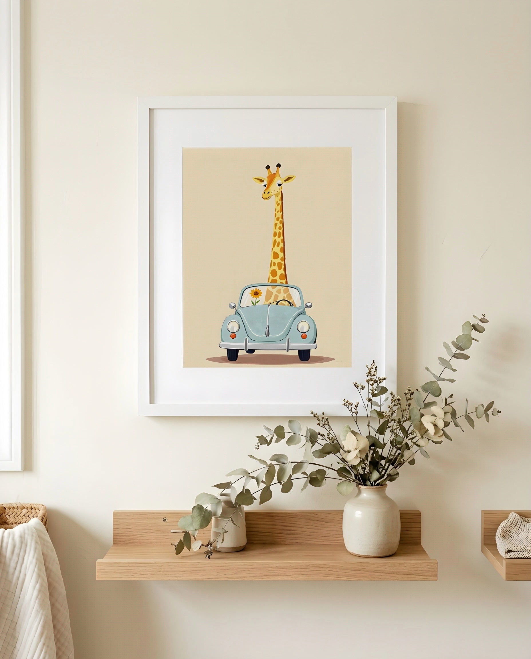 Nursery Giraffe Vintage Car Retro Illustration Printable Wall Art — close-up on a shelf alongside small ornaments