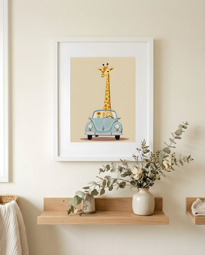 Nursery Giraffe Vintage Car Retro Illustration Printable Wall Art — close-up on a shelf alongside small ornaments