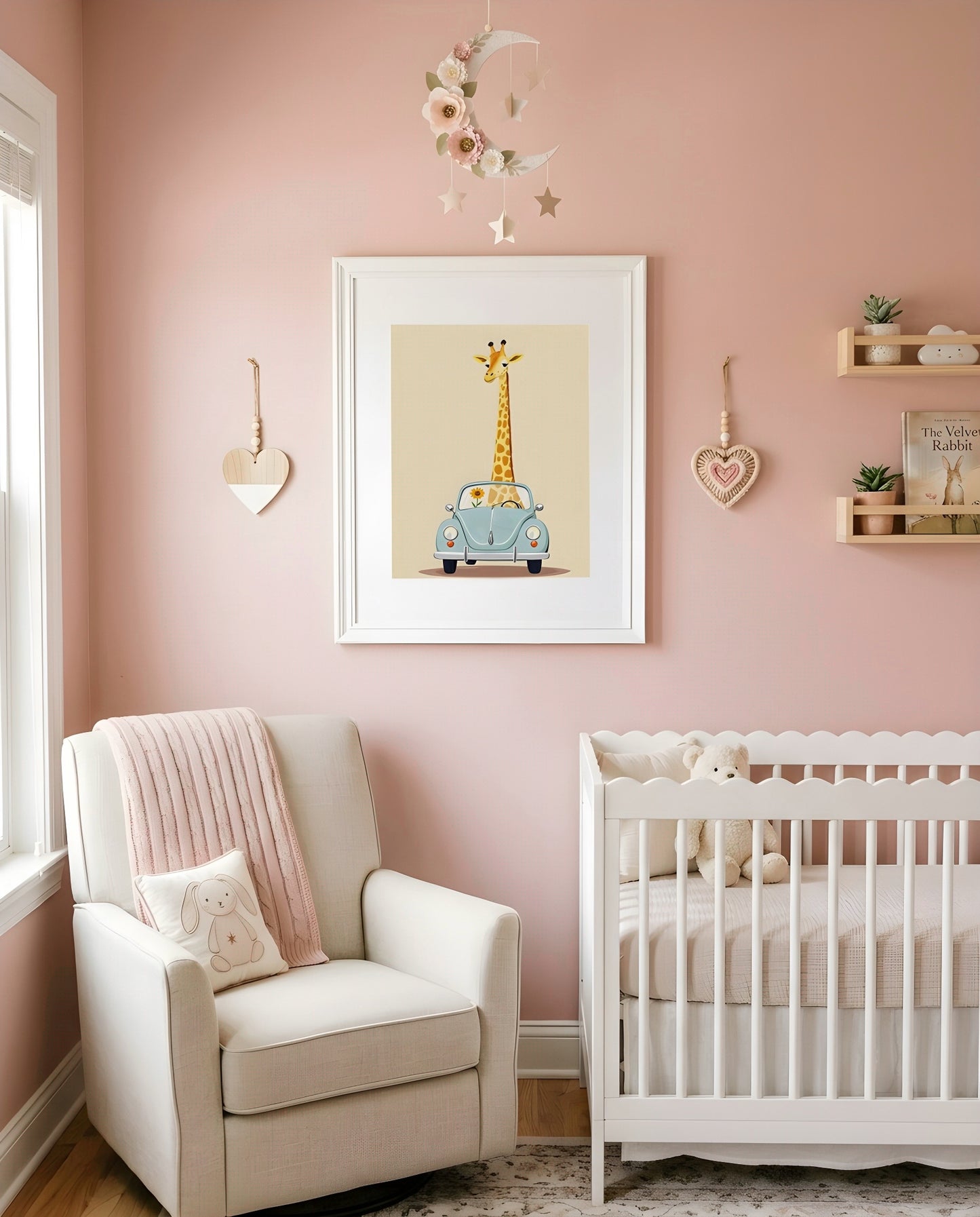 Nursery Giraffe Vintage Car Retro Illustration Printable Wall Art — as part of a gallery wall arrangement